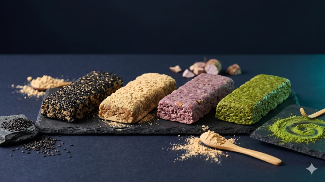 An arrangement of protein bars with Asian-inspired flavors on a dark studio surface