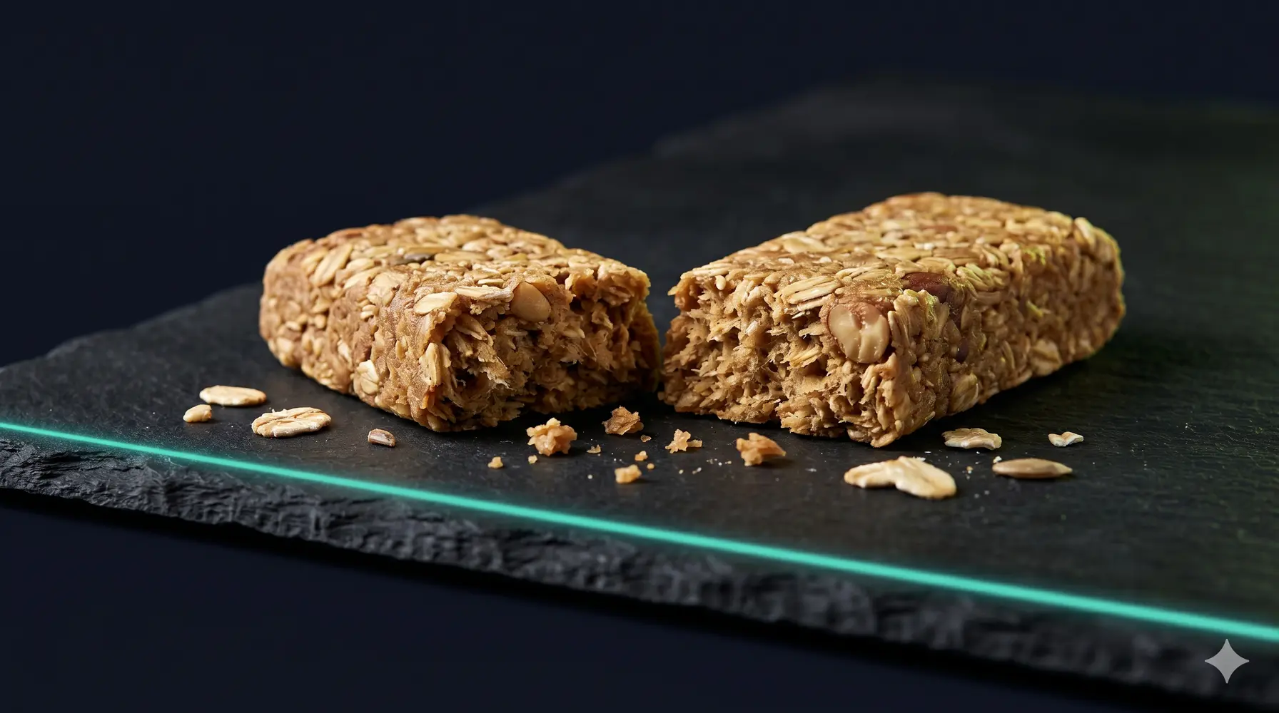 A cross-section of a high-fiber protein bar revealing dense, textured layers on a dark studio background with a teal accent glow.