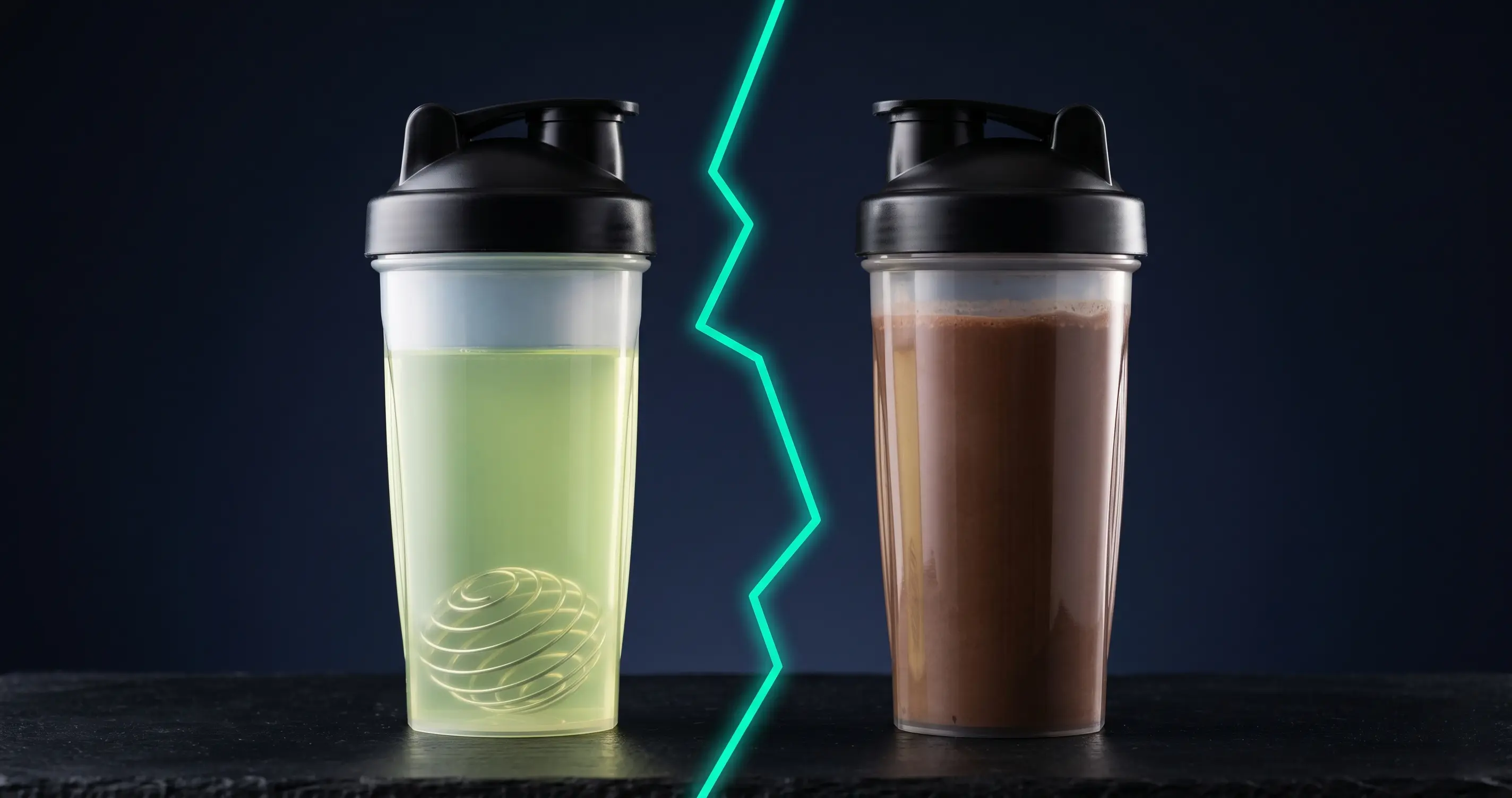 A shaker with clear protein next to a shaker with milky protein powder