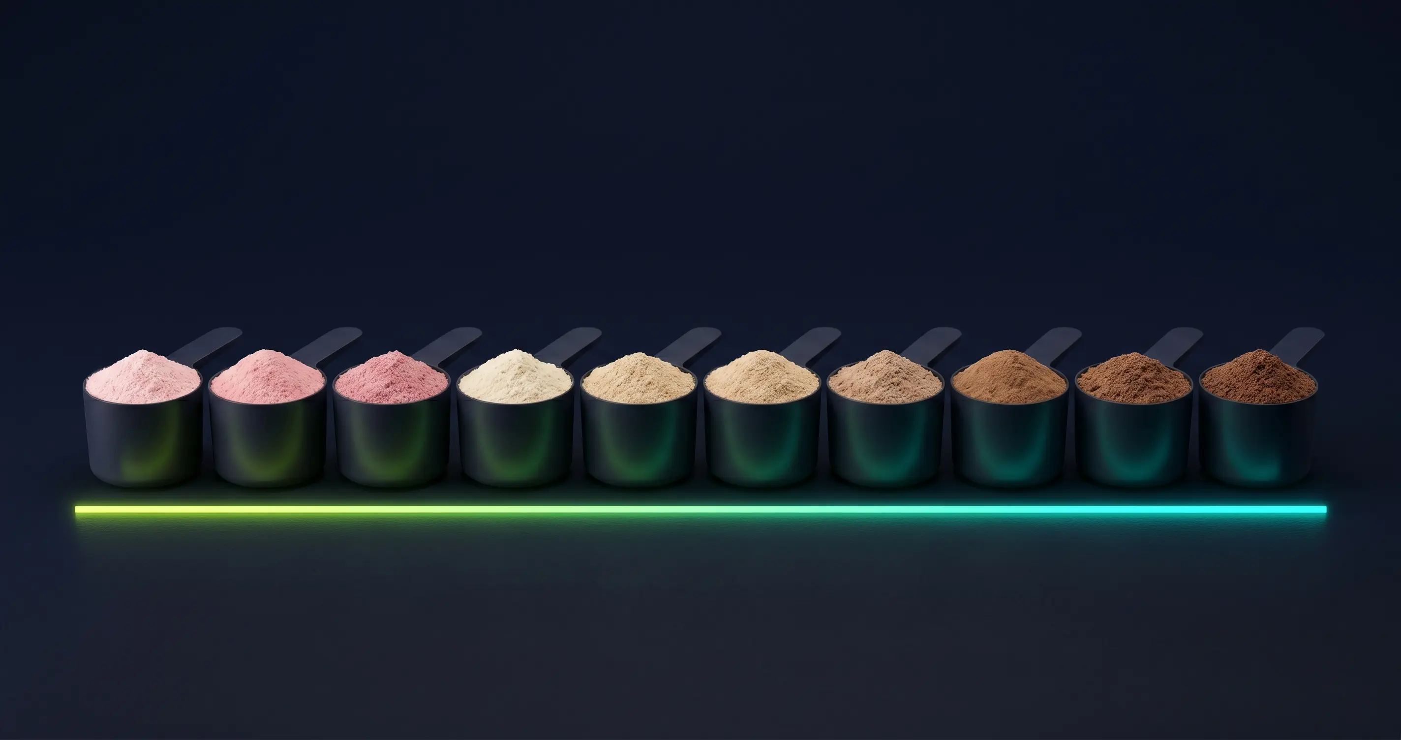 Protein powder scoops, various flavors