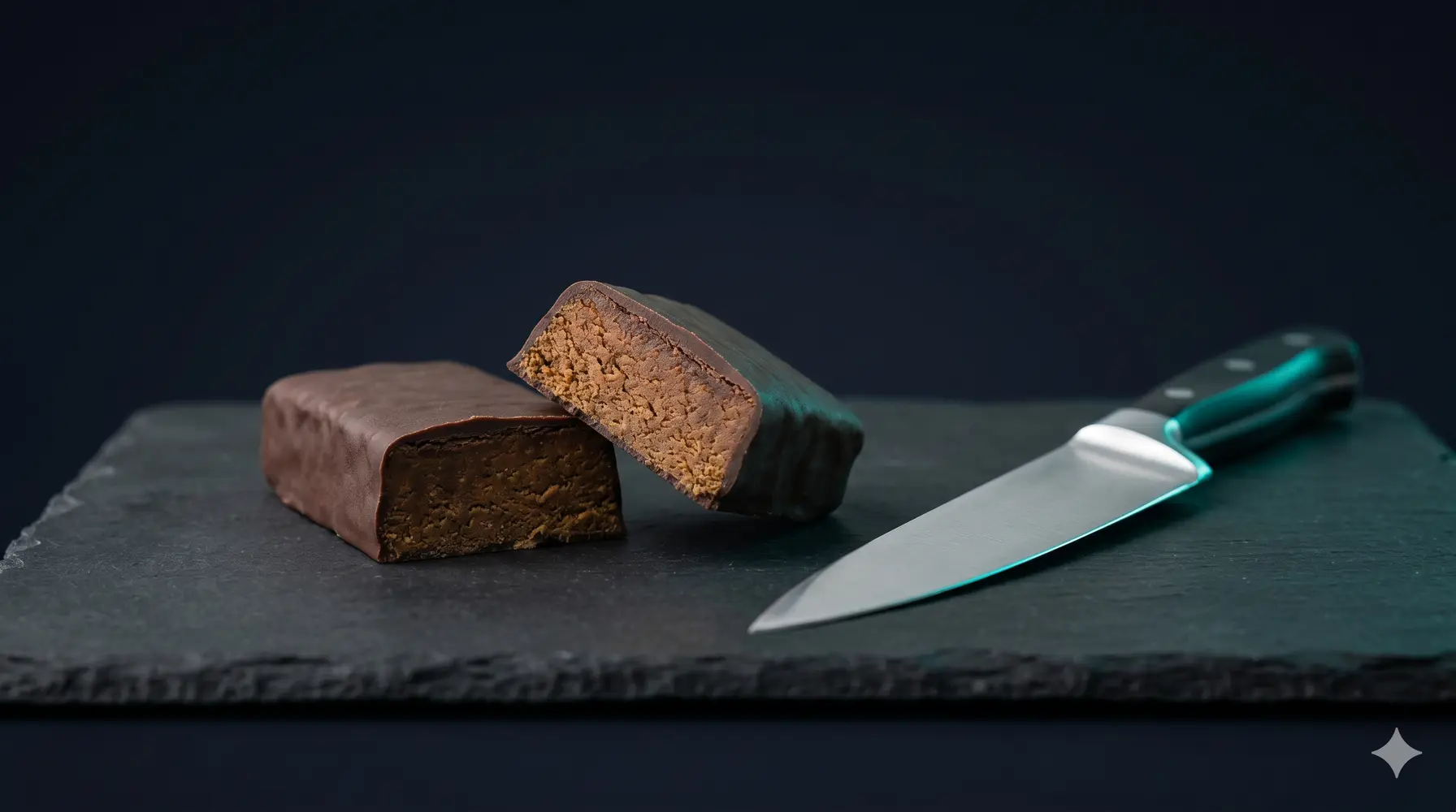 A single unwrapped protein bar on a dark studio surface with a clean cross-section revealing its lean, layered interior.