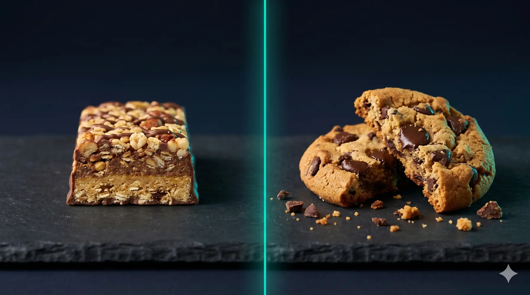 A protein bar and a cookie placed side by side on a dark studio surface, showing the contrast between the two snack types.