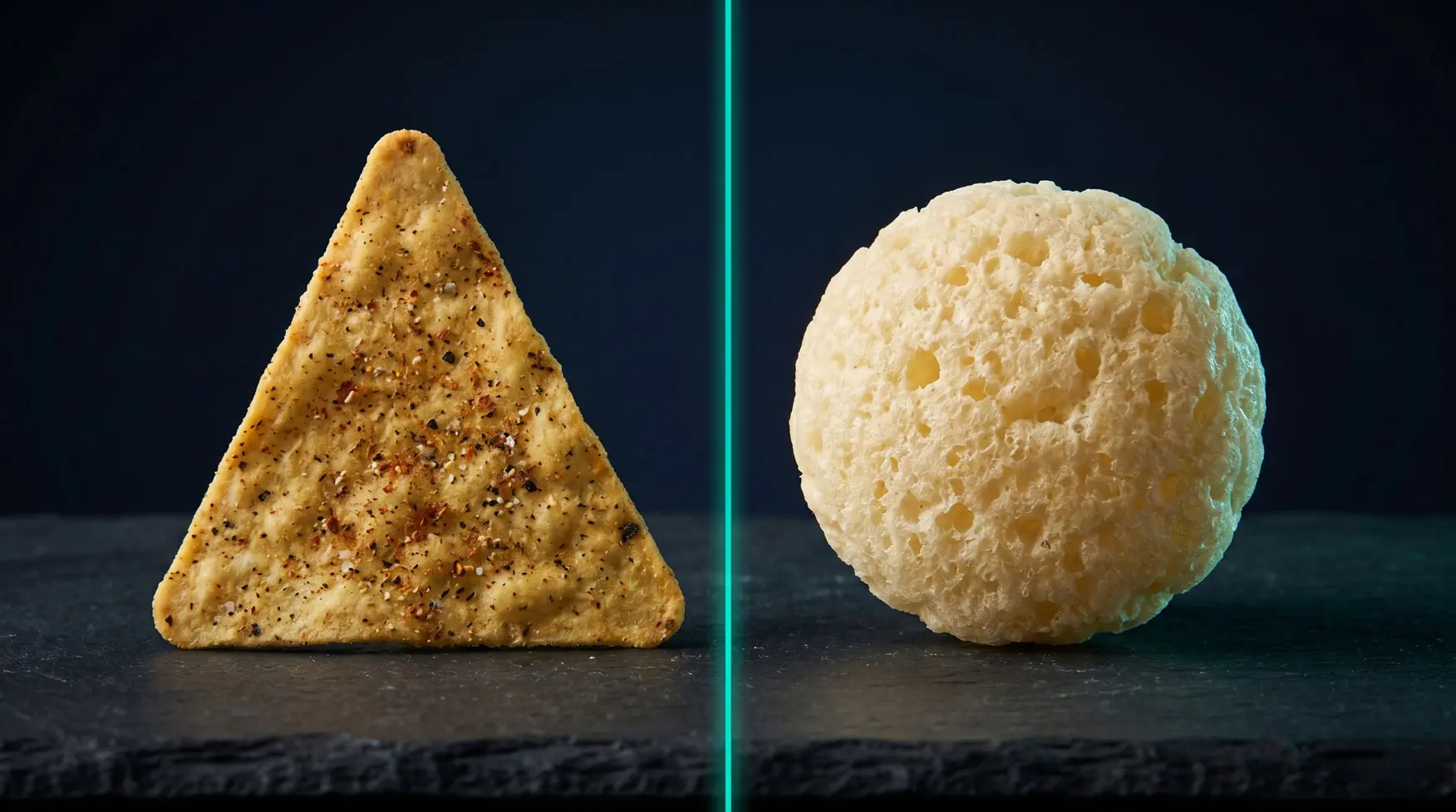 A tortilla-style protein chip and an airy protein puff side by side on a dark surface