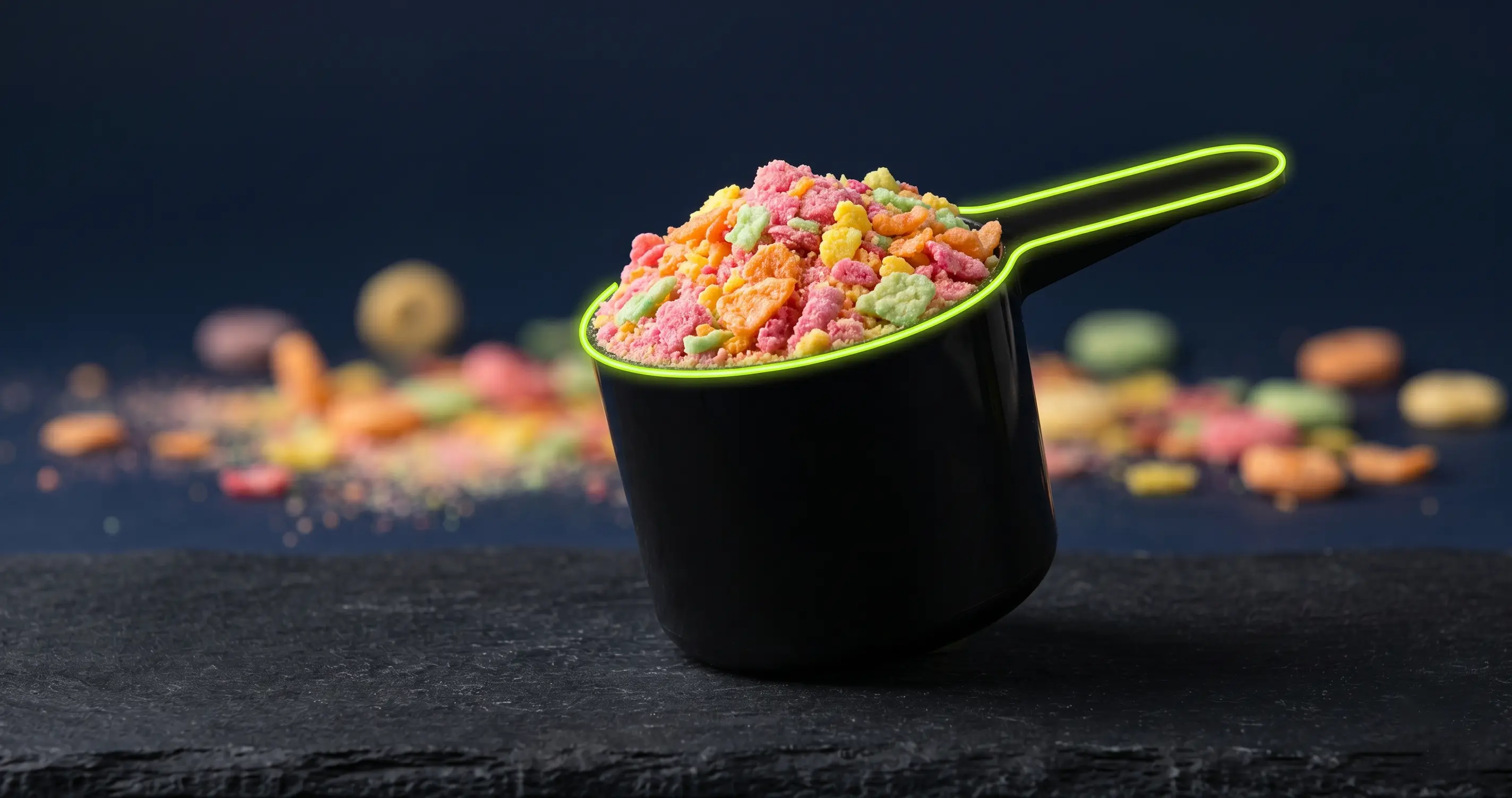 A protein powder scoop overflowing with colorful cereal-inspired powder in bright fruity tones on a dark studio background.