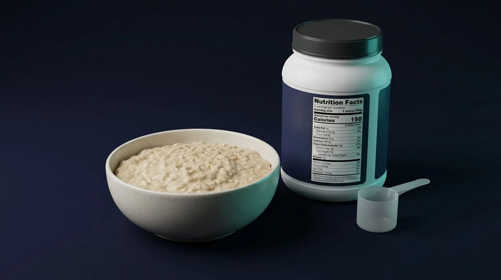 A bowl of thick protein oats topped with a dusting of cinnamon on a dark studio background with a single teal accent light.