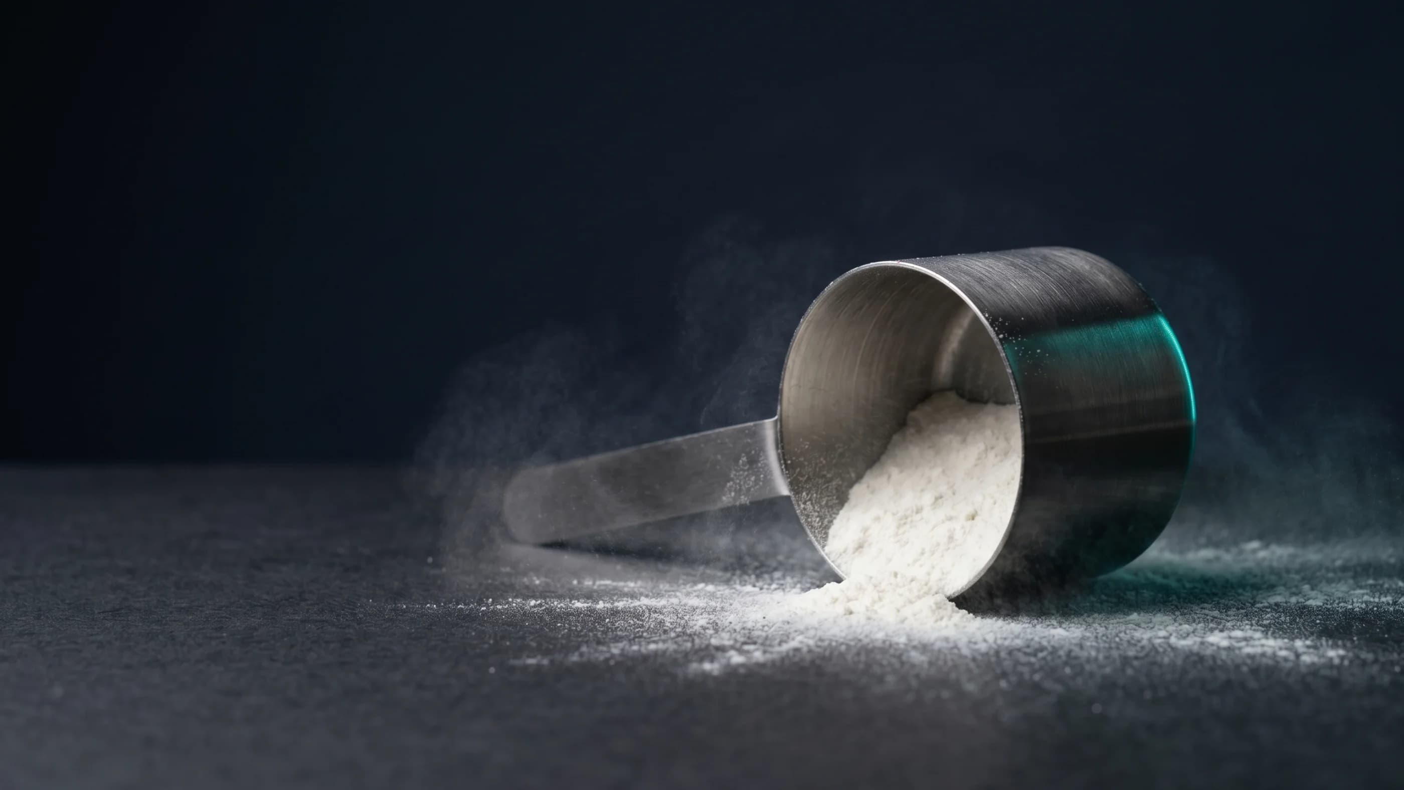 A protein powder scoop resting on a dark surface with a fine dusting of powder, illuminated by teal-tinted studio lighting.
