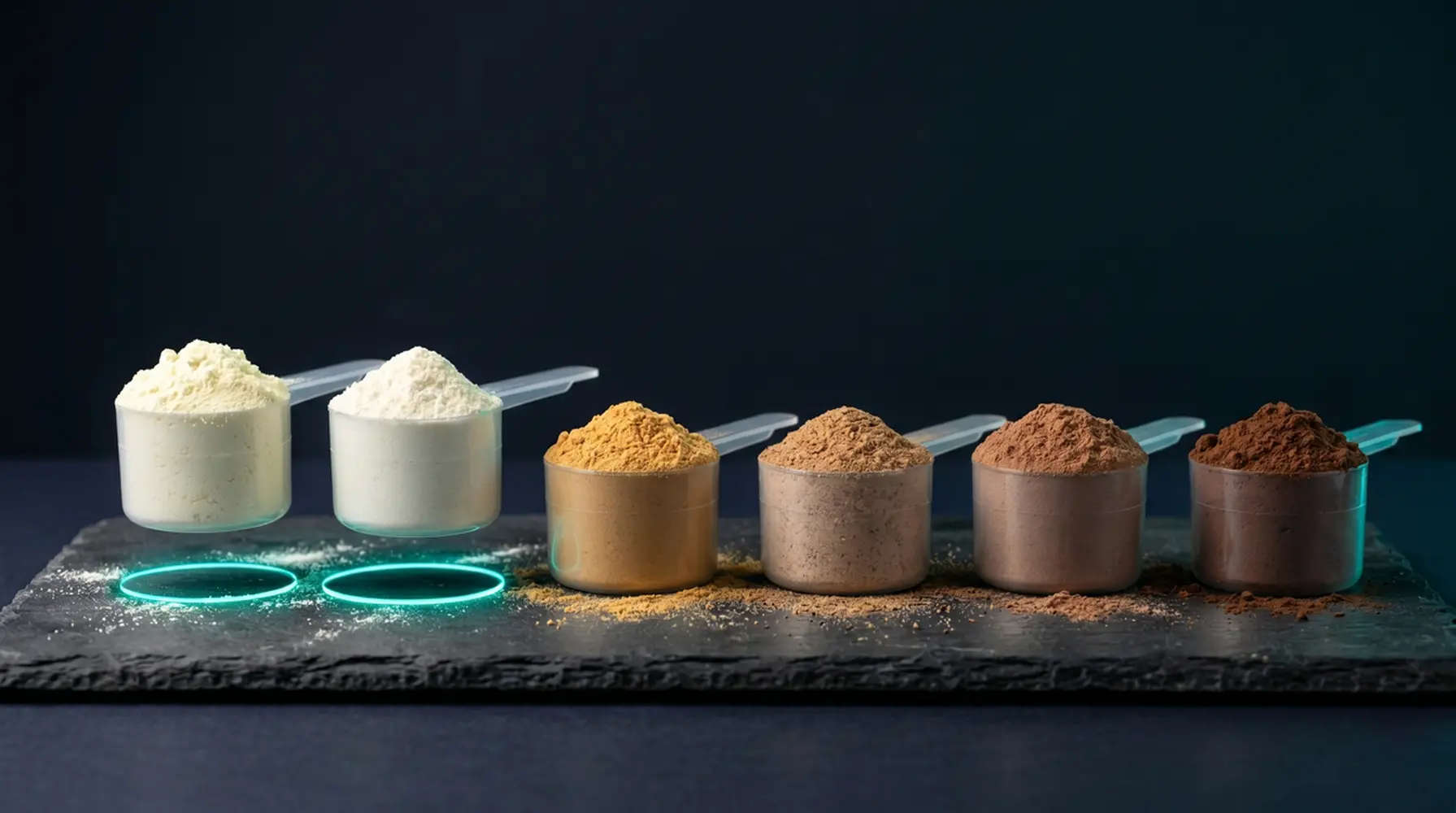 A row of protein powder scoops in different colors and textures on a dark studio surface with a teal accent glow.