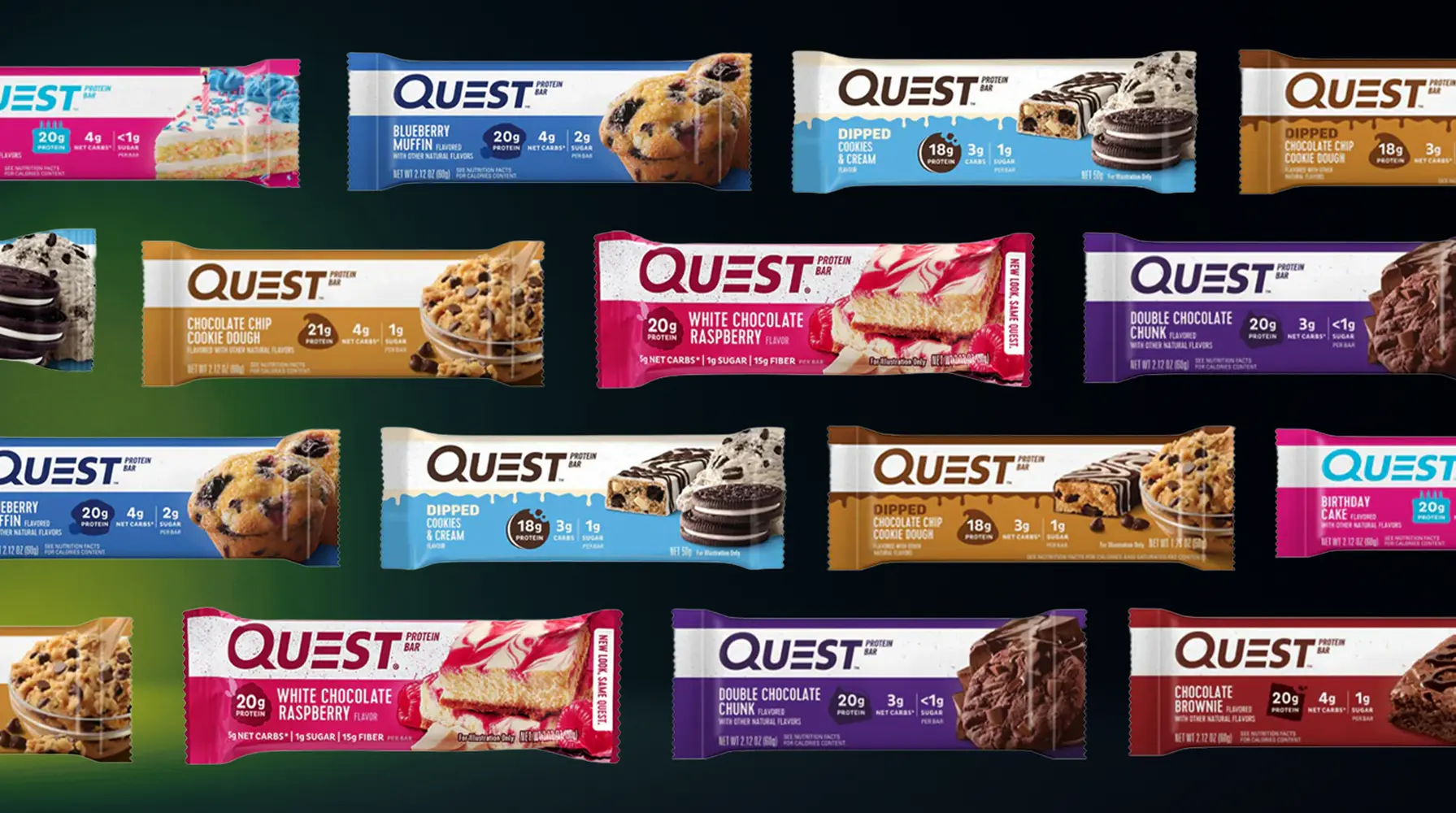 An arrangement of protein bars on a dark surface