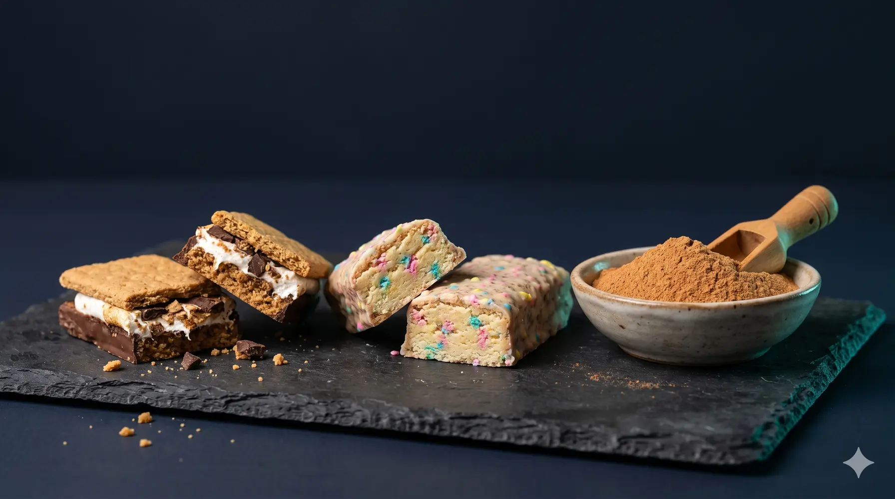 An arrangement of nostalgic comfort-food-inspired protein products on a dark studio background with warm tones and a teal accent glow.